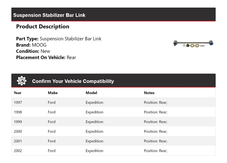 Barra estabilizadora de suspensión trasera MOOG 1997-2002 Ford Expedition 1997-2002 Foto 2 de 4