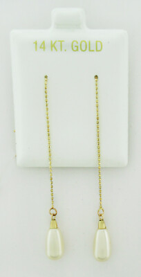GENUINE WHITE PEARLS LONG DANGLING EARRINGS 14K YELLOW GOLD ** New With Tag **