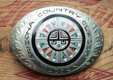 Vintage Arizona Country Classic Tucson Sunface Turquoise Coral Inlay Belt Buckle