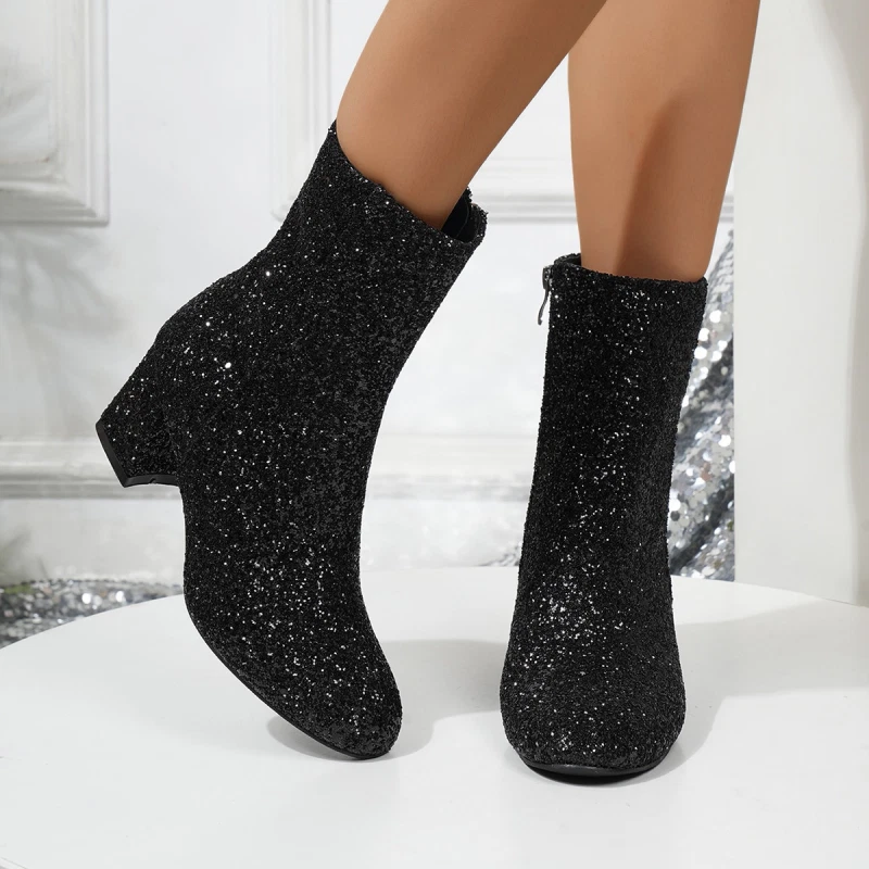 Womens Sequin Round Toe Glitter Ankle Riding Boots Low Block Heels