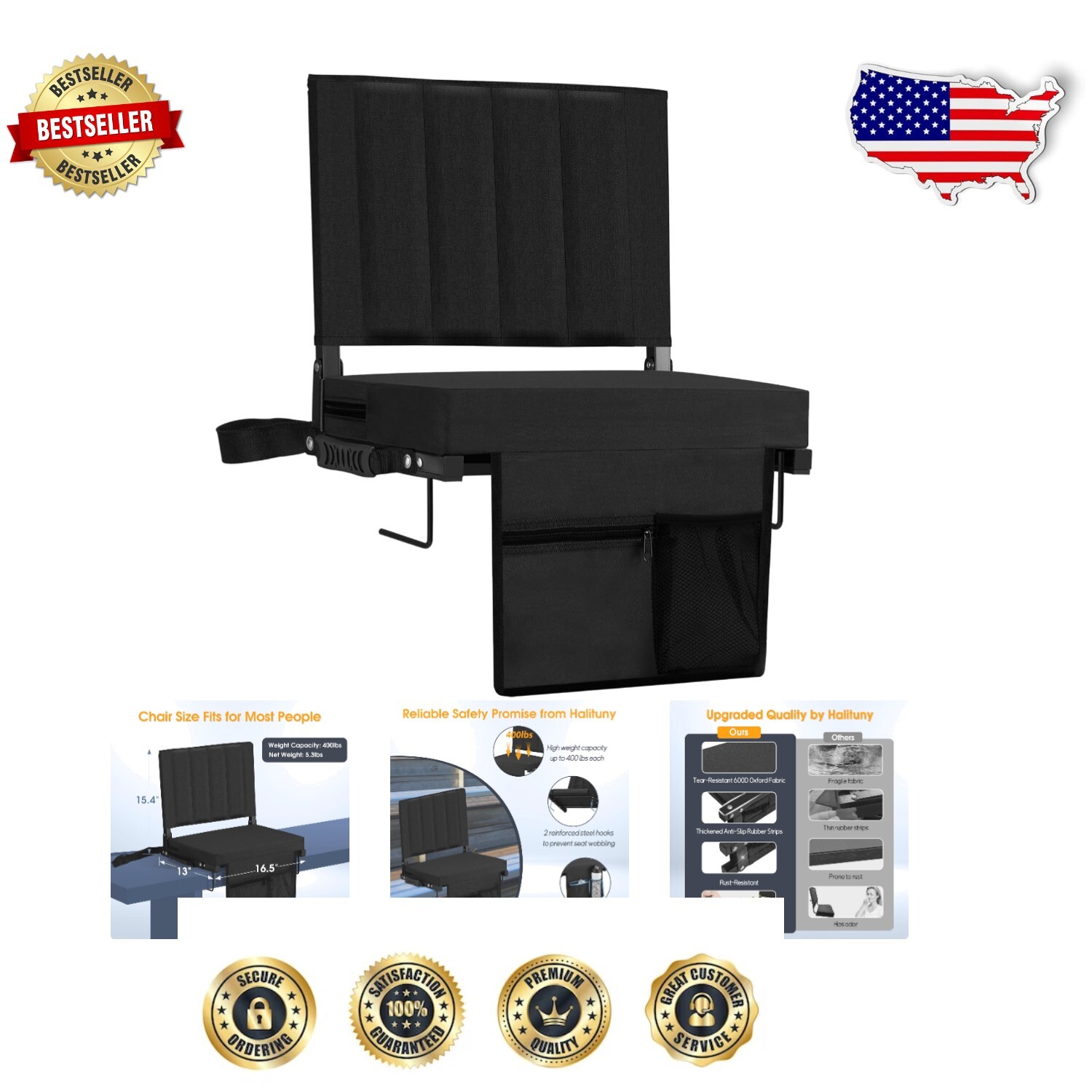 Ergonomic Stadium Seat with Plush Cushion & Metal Hooks - Ideal for All Events