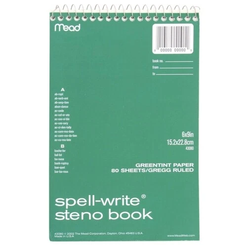 Mead Spell-Write Steno Book, Gregg Rule, 6 x 9, Green, 80 Sheets/Pad