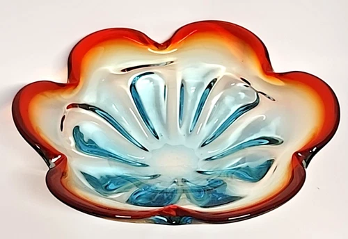 Vintage Mid-Century Murano? Scalloped Edge Reddish Orange Blue Ombre Glass Bowl