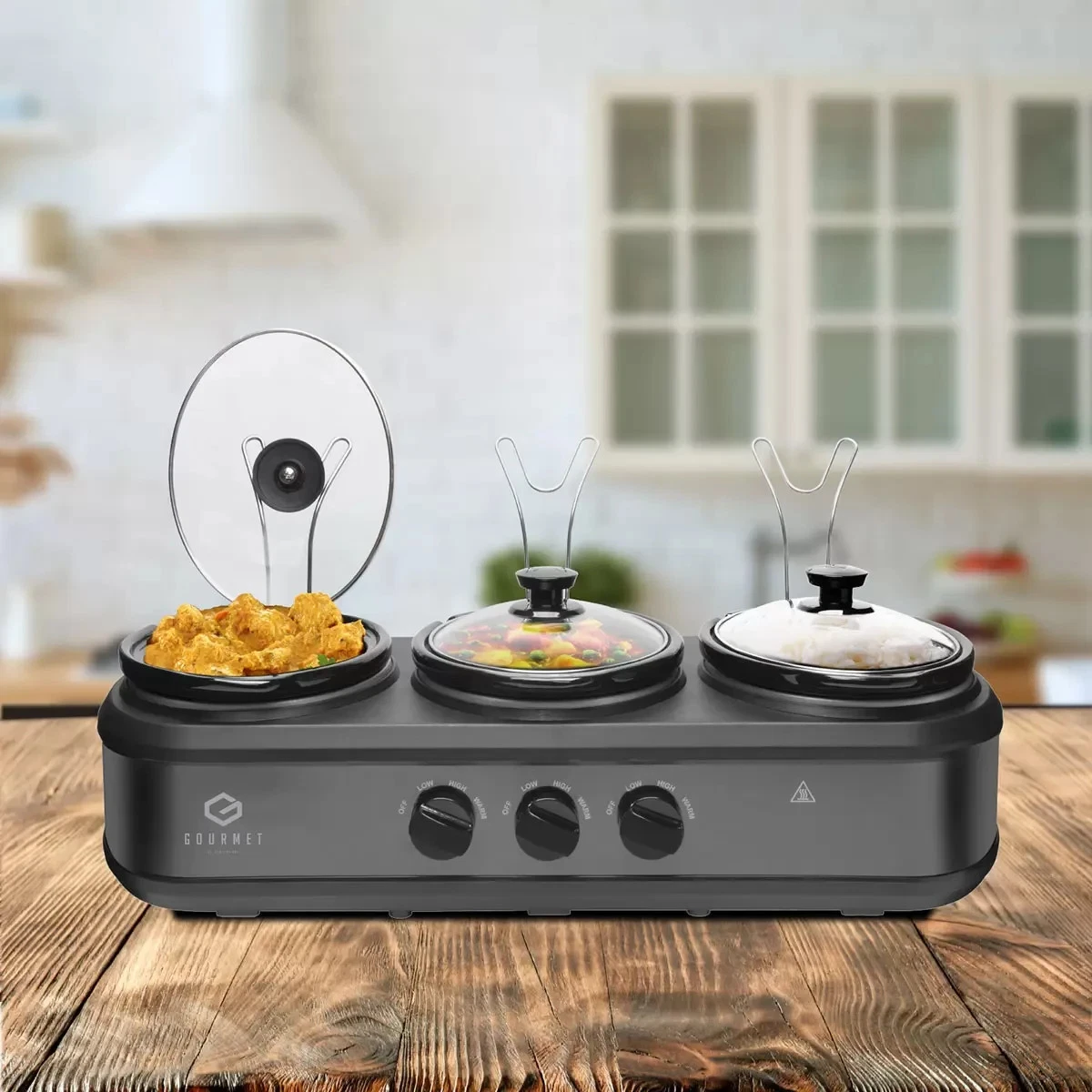 SensioHome Gourmet Triple Slow Cooker 7.1L Buffet Server 3 Pot Food Warmer