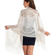 Women's Floral Lace Scarf Shawl with Tassels for Wedding Evening Party Beige