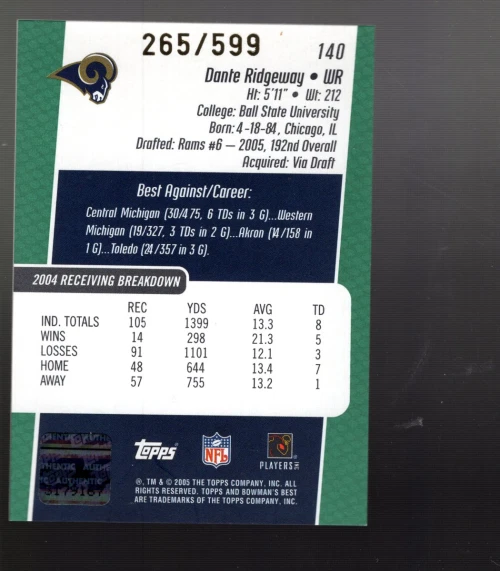 A7305- 2005 Bowman's Best Green #140 Dante Ridgeway Auto /599 - NM-MT - Image 2 of 2