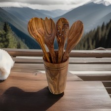 Handmade 100 Olive Wood Holder Spatula, Forks  Spoon 5-Pcs Set with Stand
