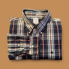 Brooks Brothers Madison Plaid Button Down Shirt Size XL Navy White Orange Supima
