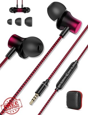 Jiunai Wired Earbuds with Mic 3.5mm Jack Magnetic Noise Isolated Black Red Gr...