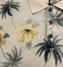  118 Men  s Large Tommy Bahama Yellow Flowers Hawaiian COTTON Polo Shirt