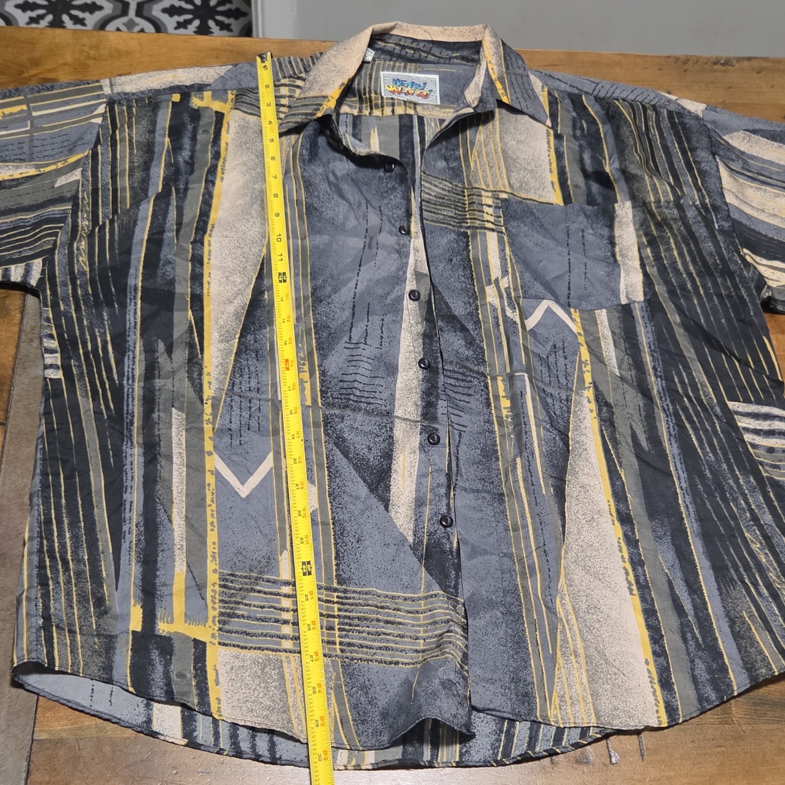 Henri Valoise Vintage Geometric Button Up Shirt Mens L Short Sleeve Gray Yellow image 4