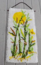 Vintage Completed 31"X 16 Sun & Cat tails Latch Hook Wall Hanging Rug Finished
