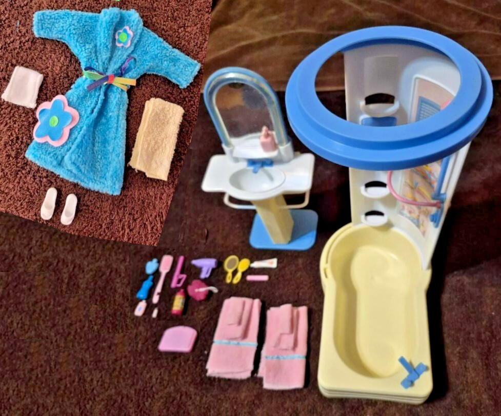 Vintage Barbie Bathroom Playset with Bathtub Shower Vanity Sink Robe Towels