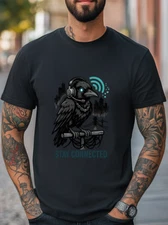 Stay Connected T-Shirt Cyberpunk Raven with Headphones Graphic Tee Streetwear