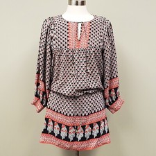 Ulla Johnson Mini Dress Black/Red Printed Silk Size 8 Long Sleeve Tie-Waist