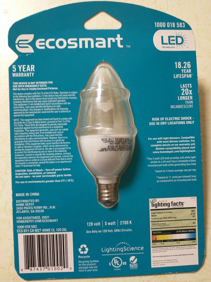 Ecosmart Lightbulb LED Candelabra Base 40W replacement 325 Lumens - Image 2 of 2