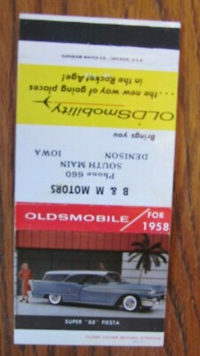 1958 B & M MOTORS OLDSMOBILE CAR DEALER MATCHBOOK MATCHCOVER (DENISON, IOWA) E16