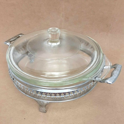 Vtg FireKing Anchor Hocking 437 Casserole Bowl & Lid Silver Filigree Stand 1.5qt - Picture 3 of 12