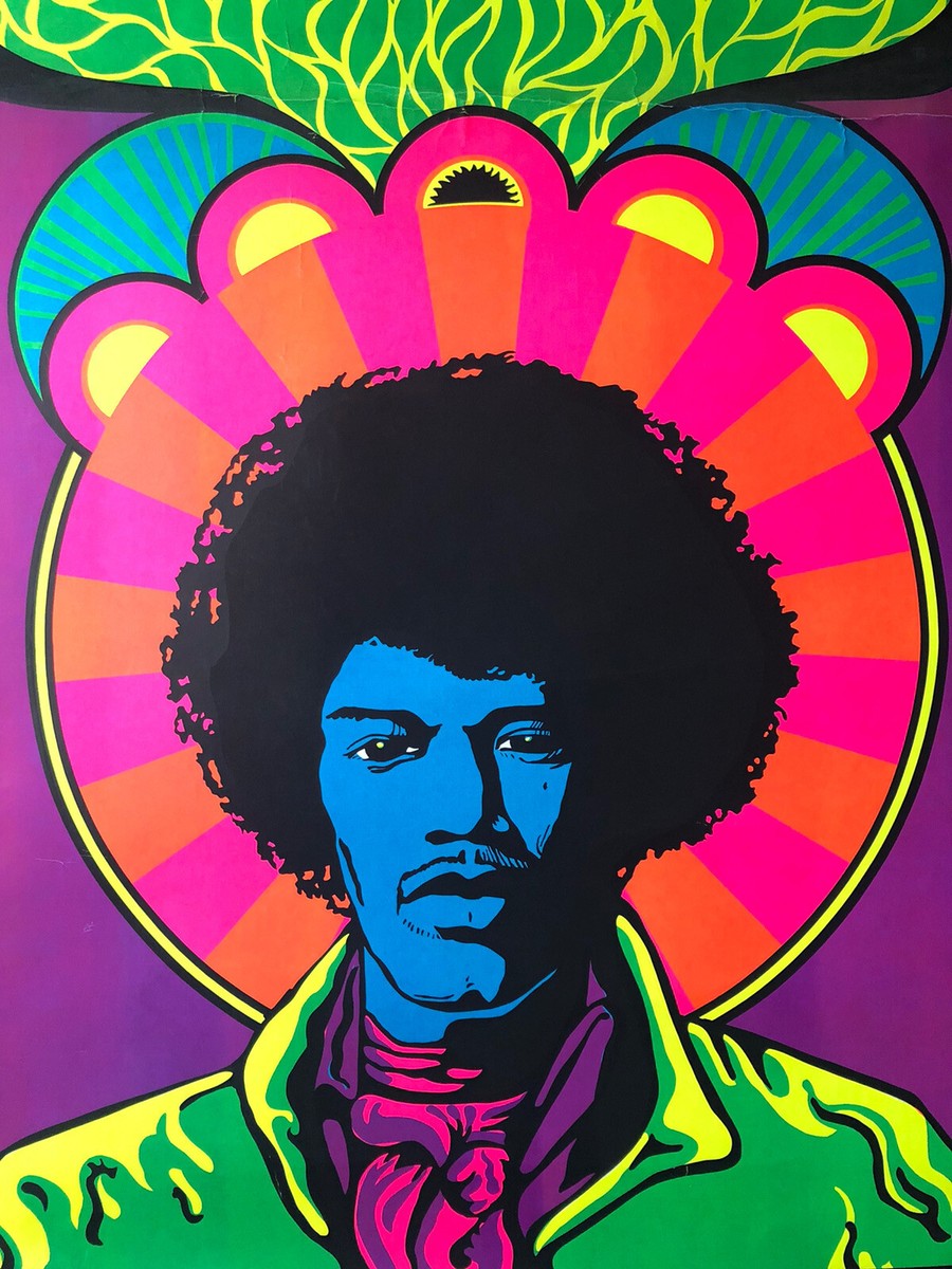 Jimi Hendrix Blacklight Poster Vintage 1960s Psychedelic Jimi Hendrix Blacklight Poster Vintage 1960s Psychedelic