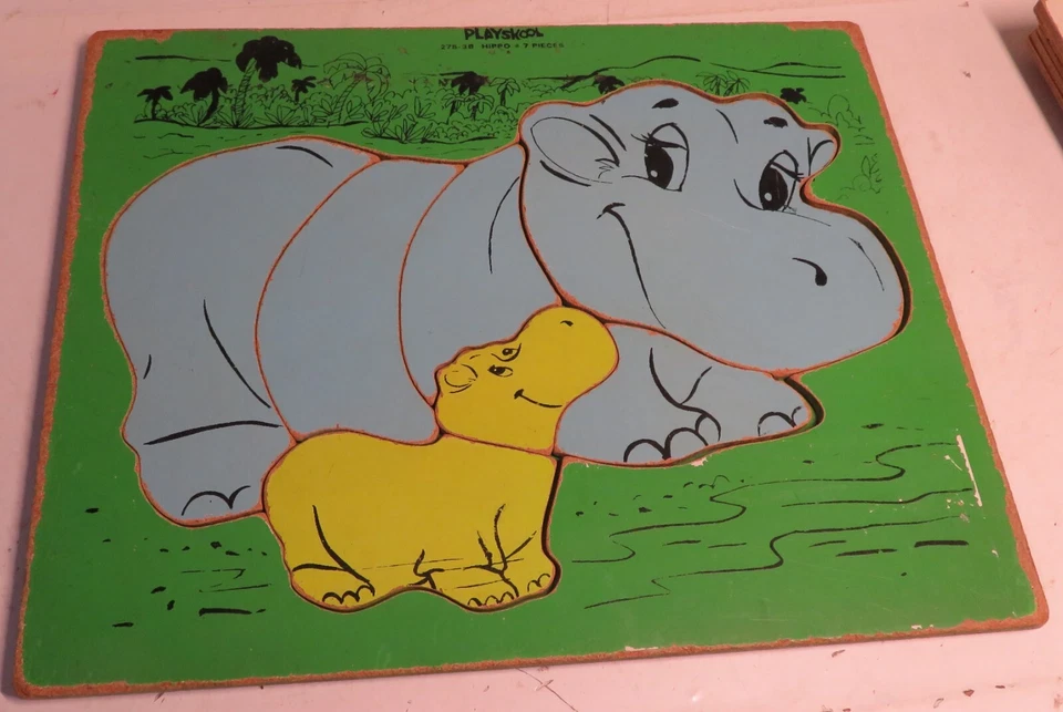 Rompecabezas de hipopótamos PLAYSKOOL de madera vintage #275-38 bandeja de madera verde y azul de 7 piezas Foto 2 de 4