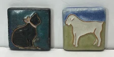 Set of 2 - 2000 Pewabic Pottery Detroit 3" Square Cat & Dog Tiles