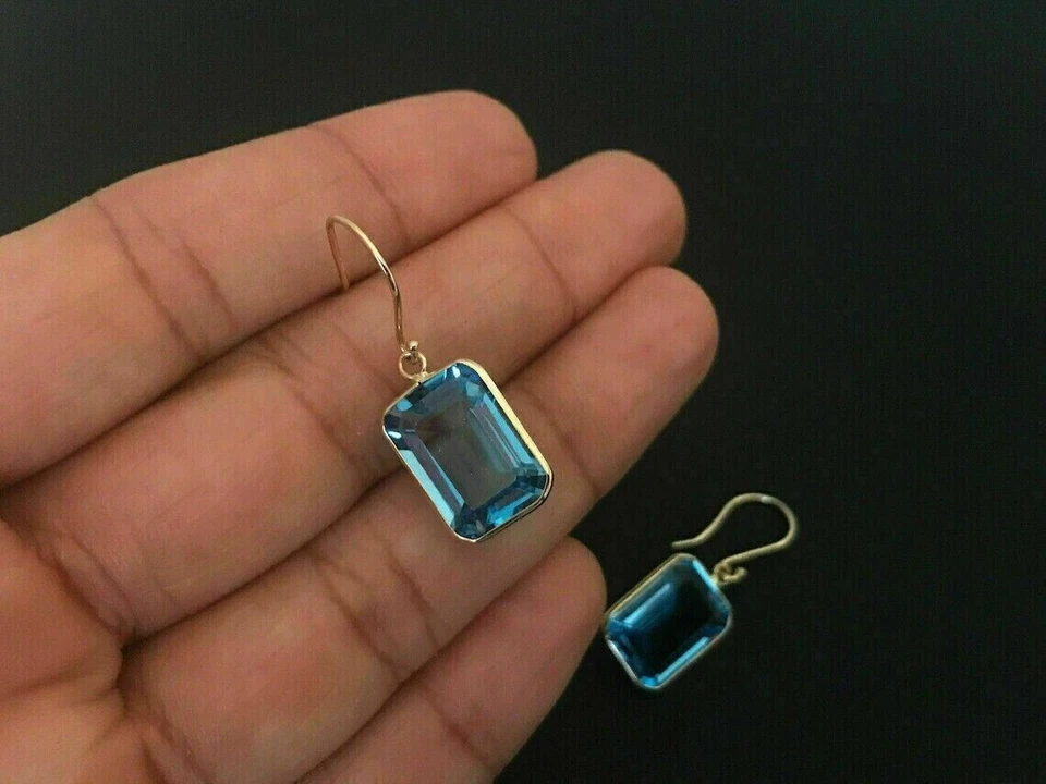 4Ct Emerald Cut Simulated London Blue Topaz Drop Earrings 14K Yellow Gold Plated - Image 3 of 4