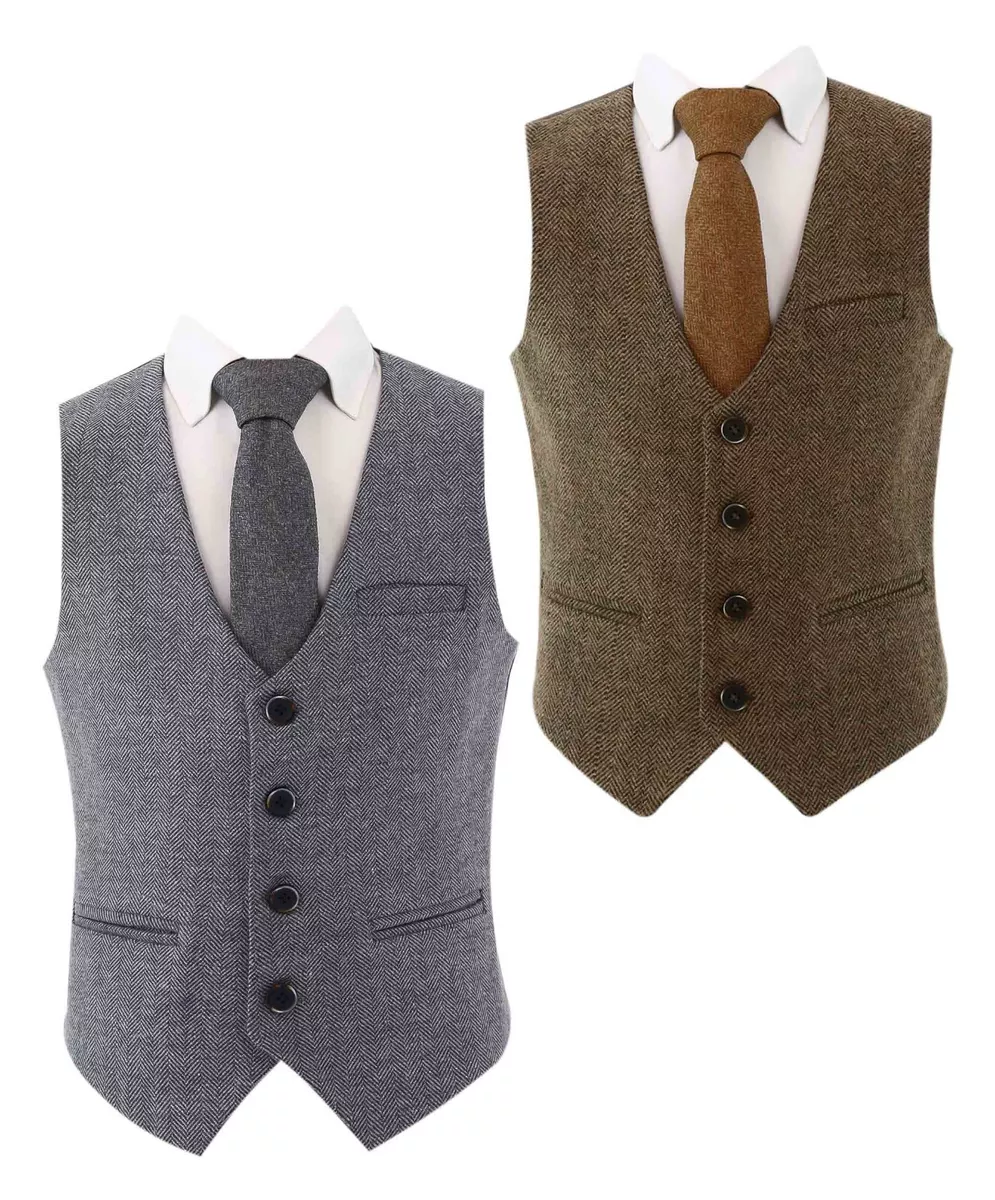 Boys Classic Herringbone Tweed 2PC Waistcoat Suit for Weddings