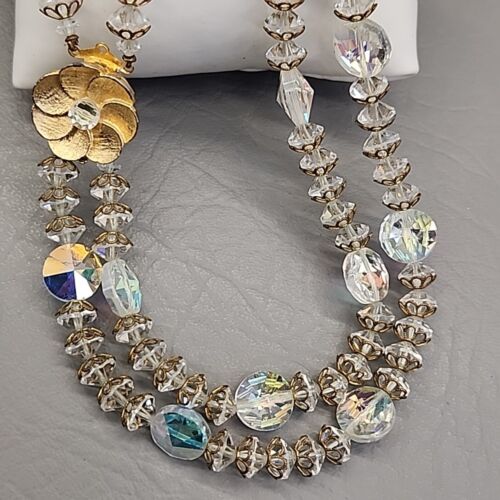 Vintage AB Glass Beaded Necklace Two Layered Gold Tone Caps Flower Clasp 18" - Picture 5 of 17