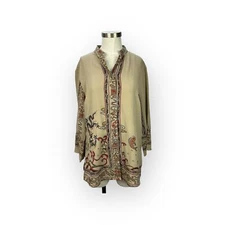 Citron of Santa Monica Taupe Silk Dragon Long Sleeve Blouse Medium