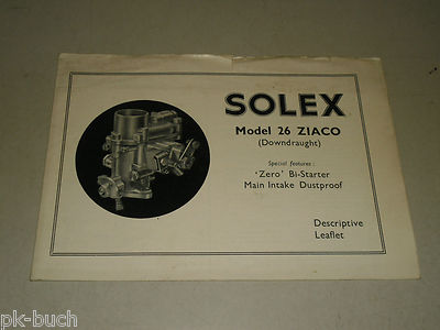 Broschüre Handbuch Descriptive Leaflet Solex 26 ZIACO Carburettor Vergaser