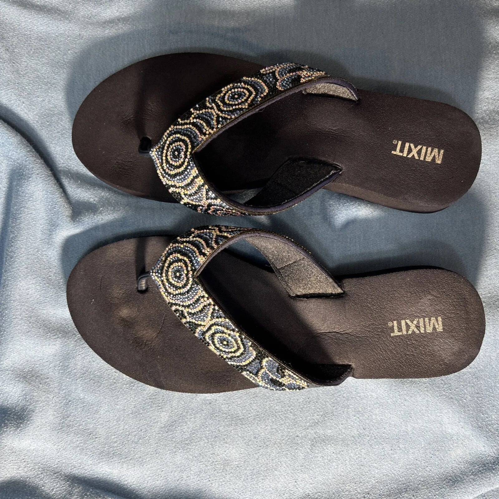 Womens Mixit Navy Blue Rhinestone Wedge Sandals Flip Flops Size 10 | eBay