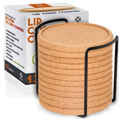 Cork Coasters with Lip for Drinks Absorbent | 12 Set 4 Inch 4 inches, Black 