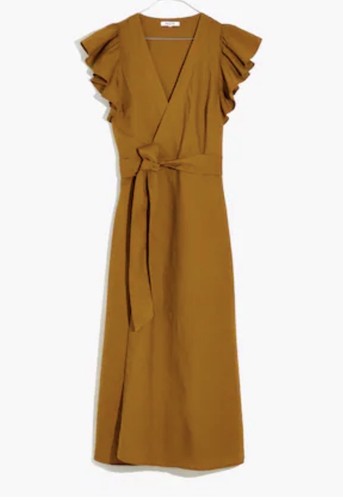 Madewell Linen-Blend Antique Gold Ruffle-Sleeve True Wrap Midi Dress Size M NWOT