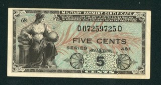 5¢ cents Series 481 Military Payment Certificate CURRENCY