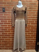 Wenjilli 1970's Vintage Metallic Knit Striped Maxi Dress  Stretchy Fit EUC