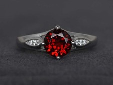 925 Sterling Silver Red Garnet Round Gemstone Women Dainty Ring Duty Free