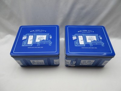 2 eckige, blau & weiße Levain Bakery New York Plätzchen Keksdosen LEER
