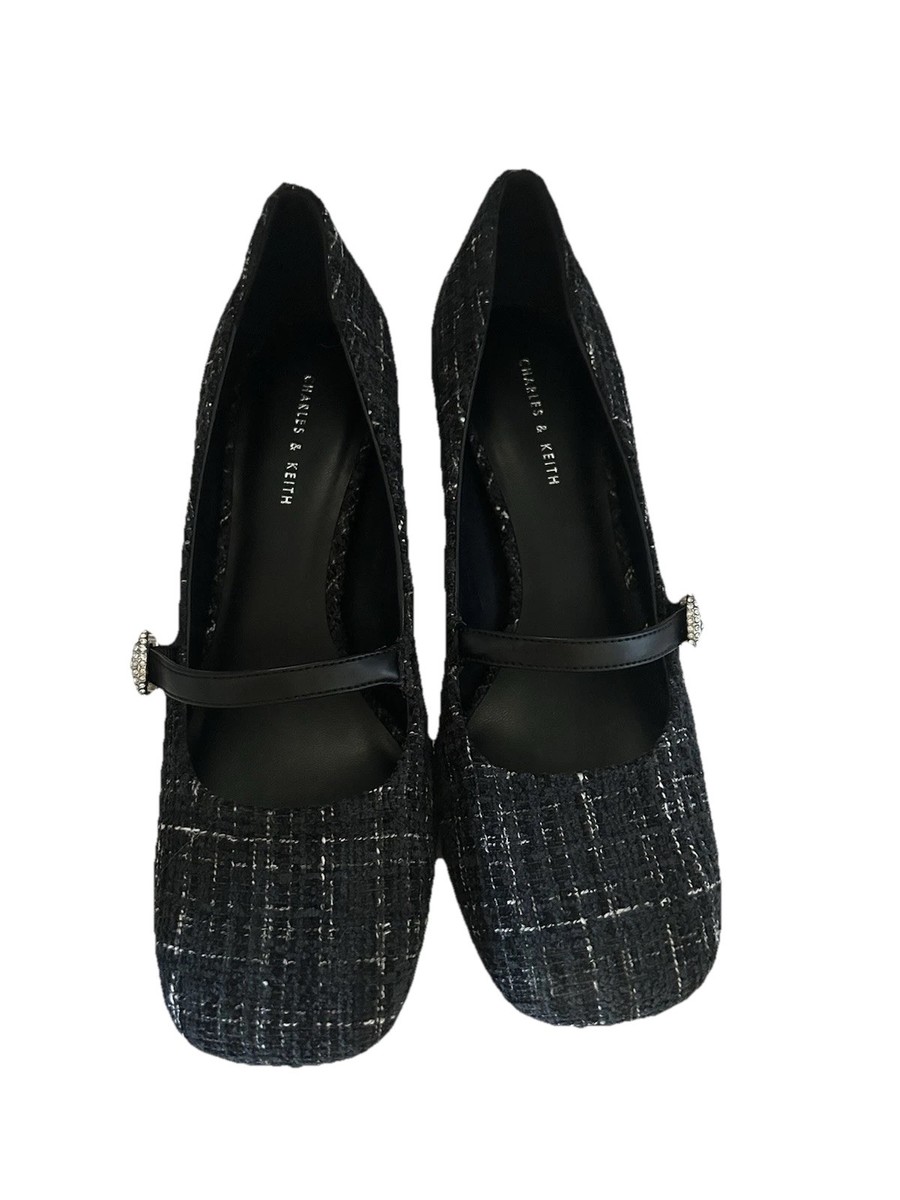 Charles and Keith women 8.5 US Tweed Mary Jane's With Rhinestones
