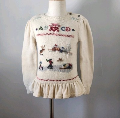 Ralph Lauren Kids Long Sleeve Knit Sweater Ruffle Trim Winter Scene Girls Size 5
