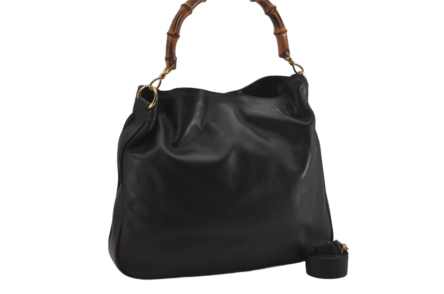Vintage GUCCI Bamboo Leather Shoulder Bag Black 2Way 0342N