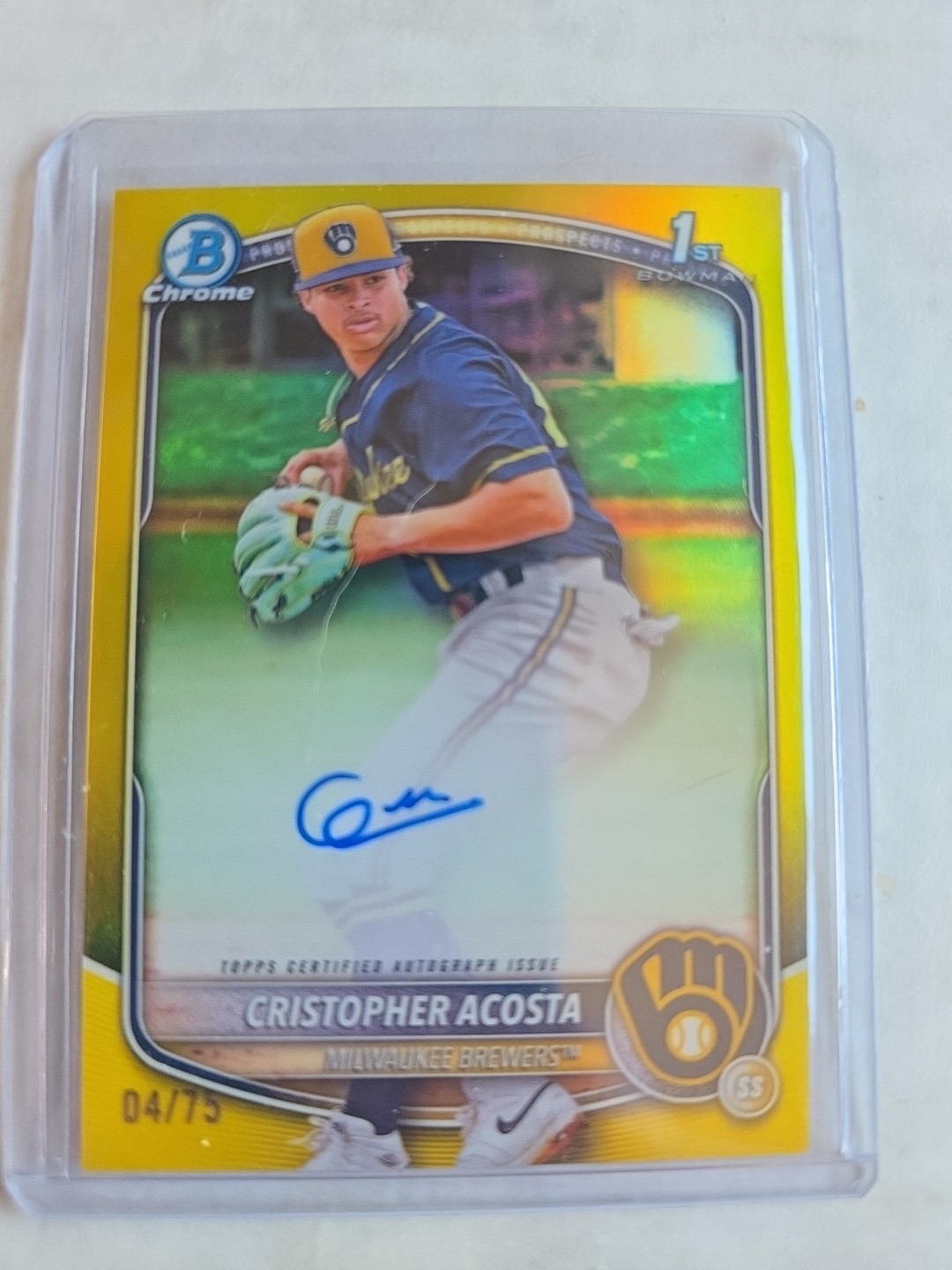 2025 Bowman Chrome Cristopher Acosta 1st Auto Yellow/75 Brewers Color Match
