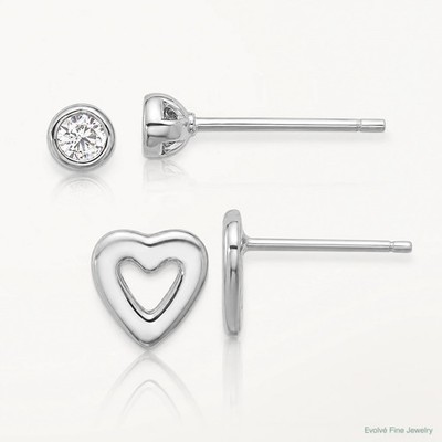 Sterling Silver Rhodium-Plated CZ And Heart Post Earrings Set
