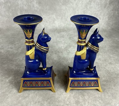 VTG Cat Golden Candlesticks Of Bast Porcelain 24K Gold Franklin Mint Egyptian 8 