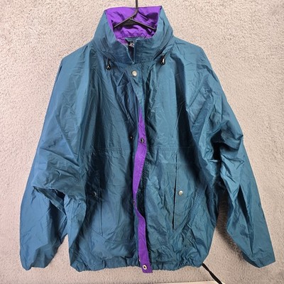 Helly Hansen Jacket Mens Medium Blue Purple Hidden Hood Raincoat Outdoor Vintage