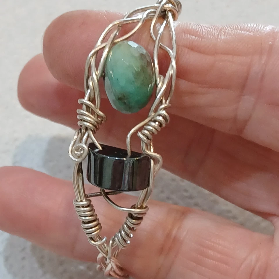 Brazalete de alambre de plata de ley hecho artesanalmente con piedra Brn pulida Cntr ID 6,5" Foto 4 de 4