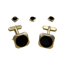 J6C Vintage SWANK Black  Gold Tone Cuff Links Tuxedo Stud Set Original Box