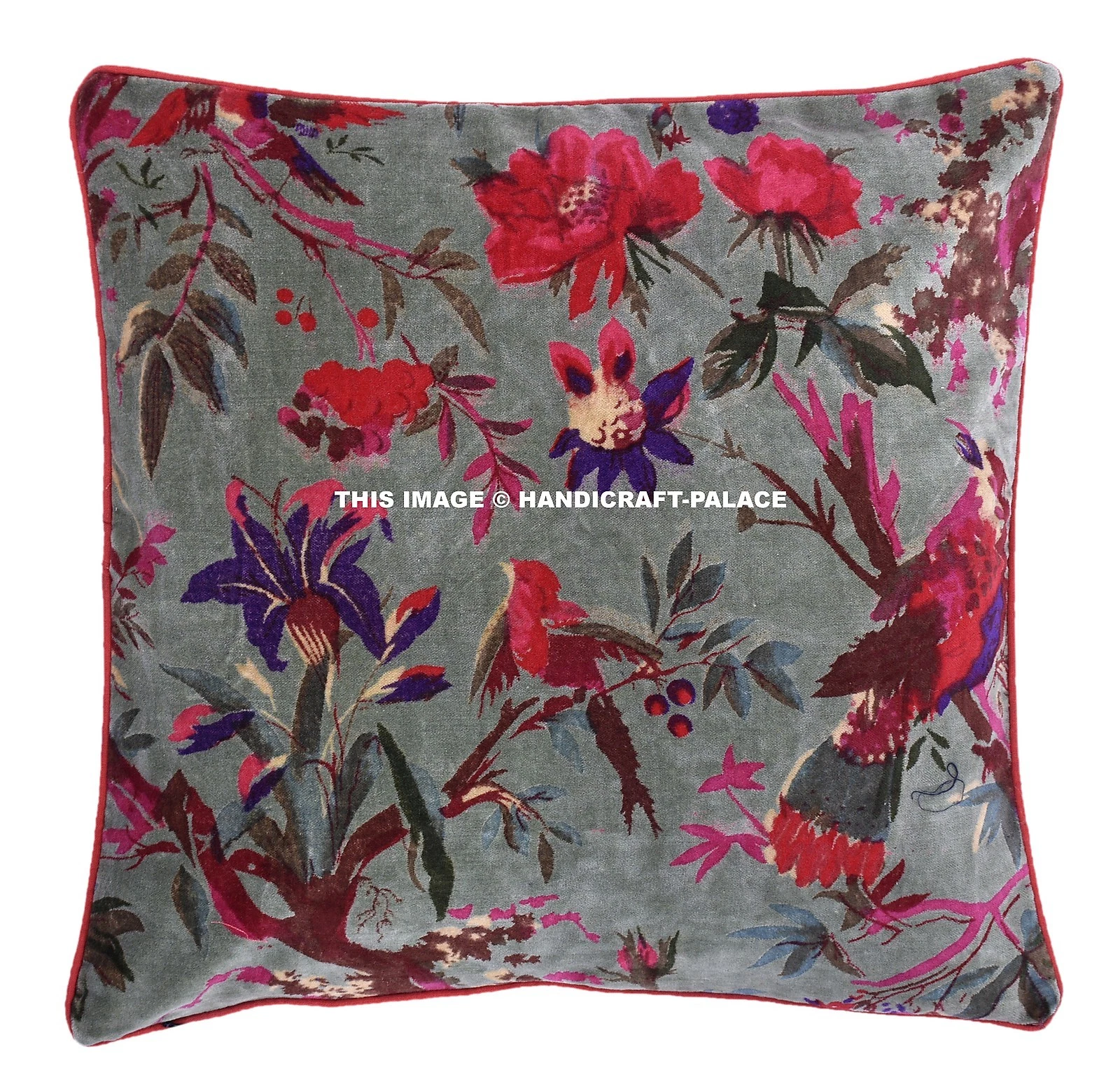 Indien Bird Floral Velvet Green Cushion Cover Pillow Case Throw Ethnic Decor 16"