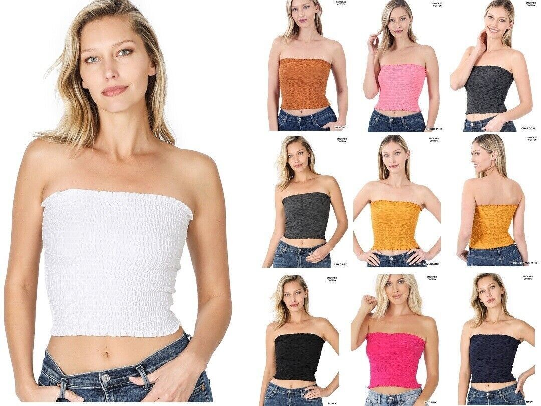 Smocked Tube Top Casual Strapless Sleeveless Stretch Crop