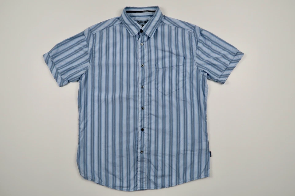 Kuhl Eluxur Mens Medium Blue Striped Metal Button Short Sleeve Hiking Camp Shirt - Image 2 of 4