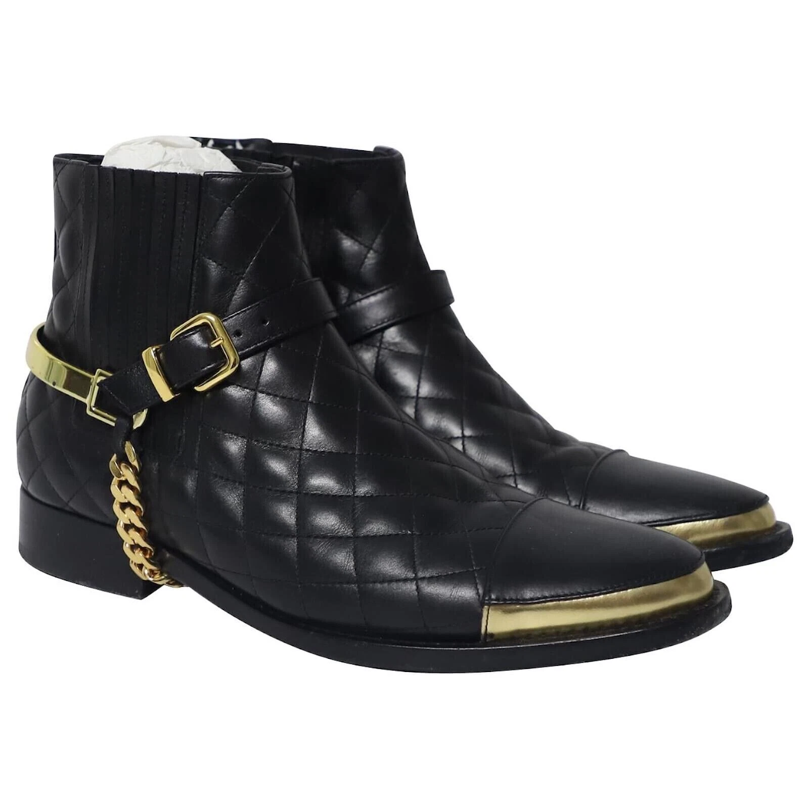 Balmain — Balmain Quilted Chain Embellished Ankle Boots in Black Leather size 38